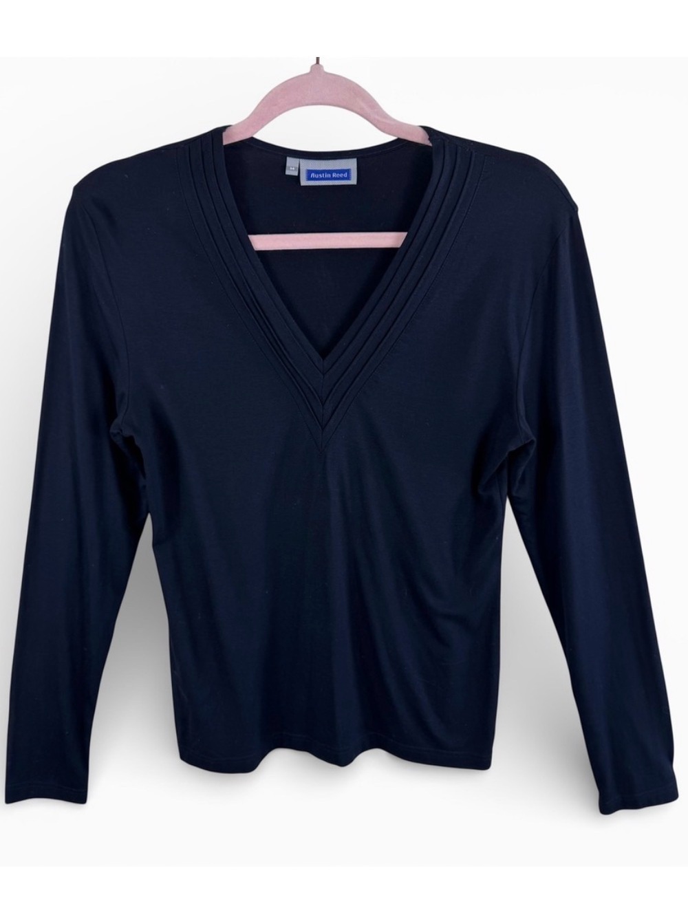 Austin Reed Black V-Neck Long Sleeve Top Pintuck Detail Viscose Lycra Size M